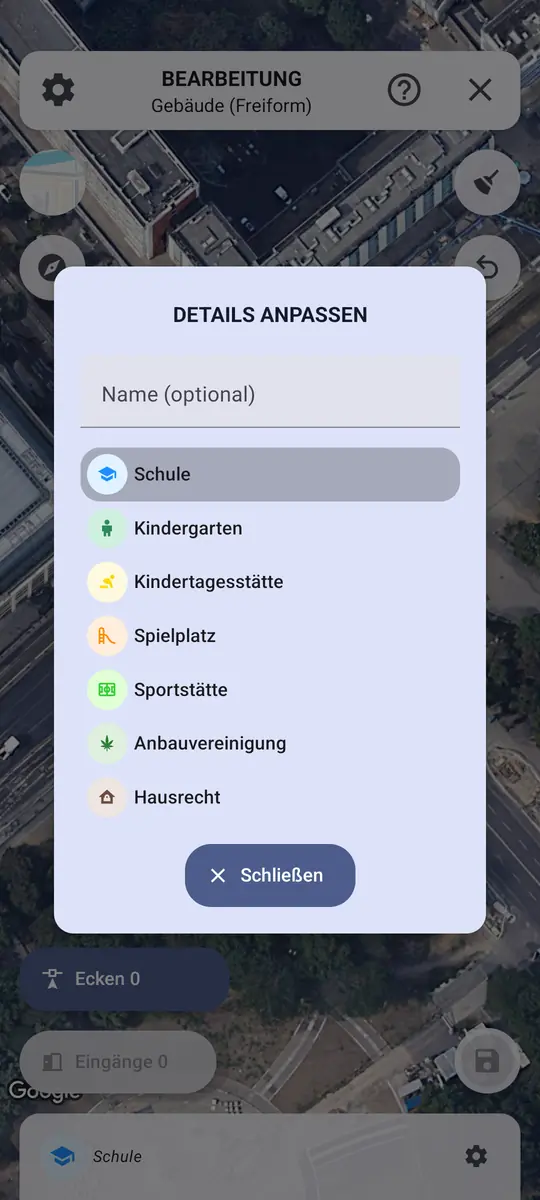Verbotszonen App: Auswahl des Zonentyps beim Eintragen einer Verbotszone – von Schule und Spielplatz bis Hausrecht