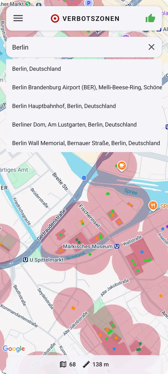 Verbotszonen App: Ortssuche mit Vorschlagsliste zur Eingabe „Berlin“
